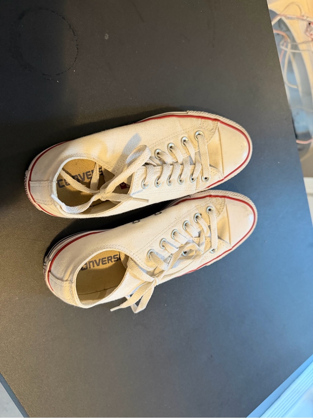 Converse Low Top Canvas Sneakers in Cream with Red Trim